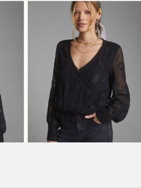 Anthropologie Black Sheer Embroidered V-Neck Blouse